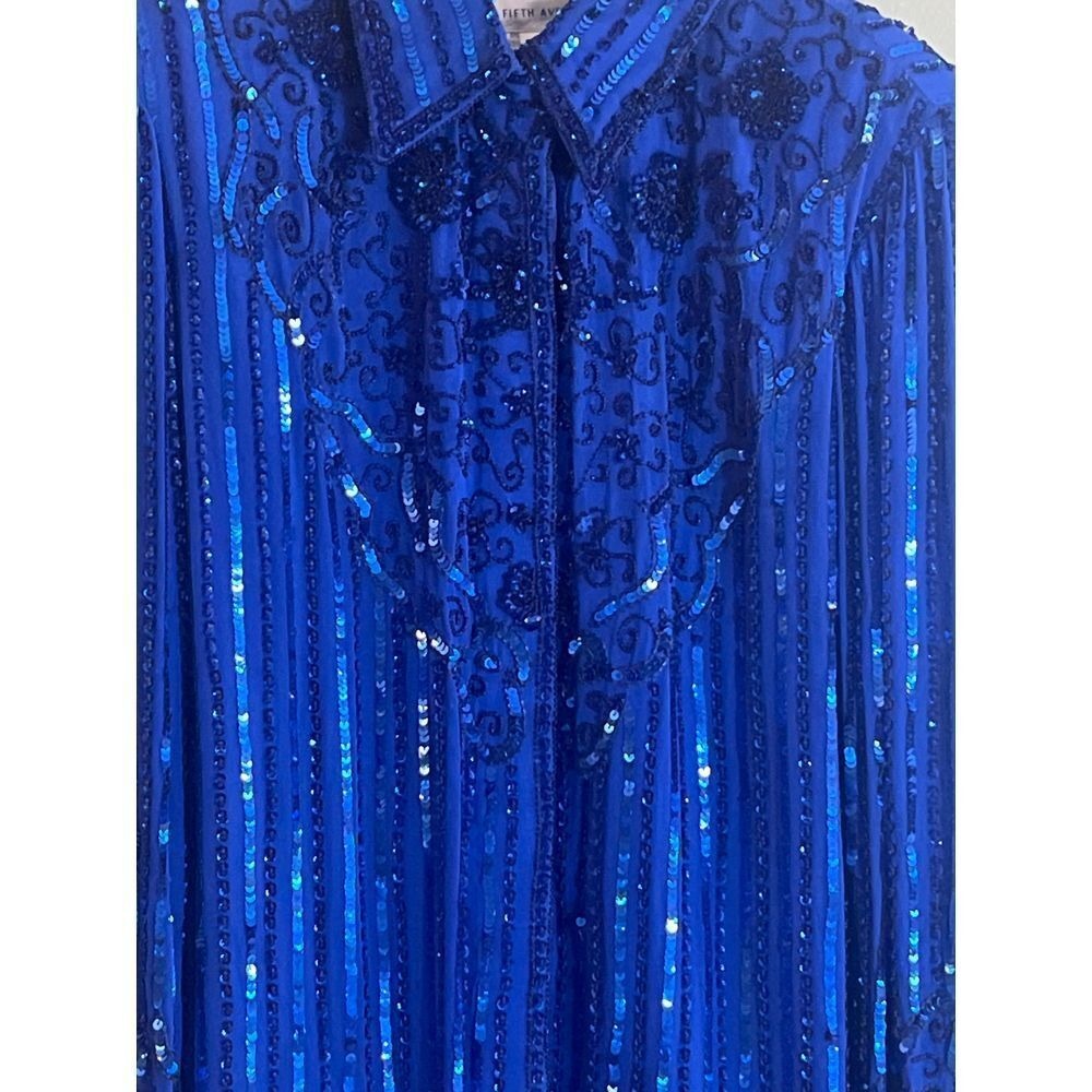 Saks Fifth Avenue Stenay Blue Sequin Beaded Long Sleeve Silk Blouse Medium NWT - Picture 2 of 9
